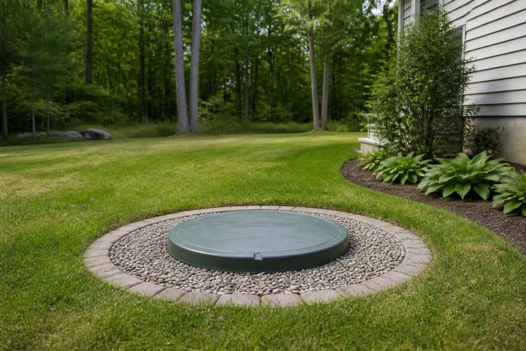 Clean septic system area on a residential property in natural daylight.